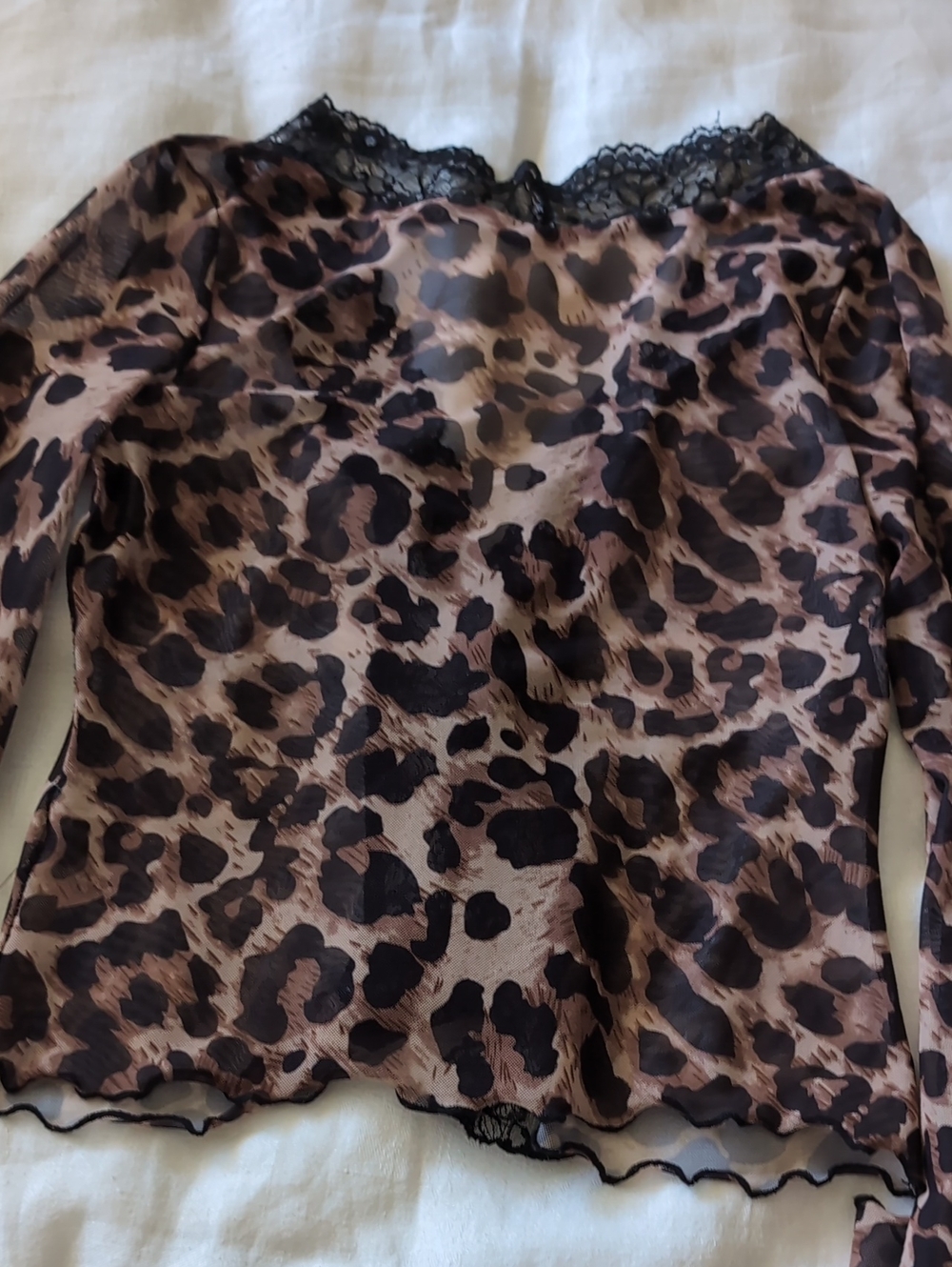 Leopard Print Lace-Trim Women's Top - Brown/Black - Picture 6 of 6